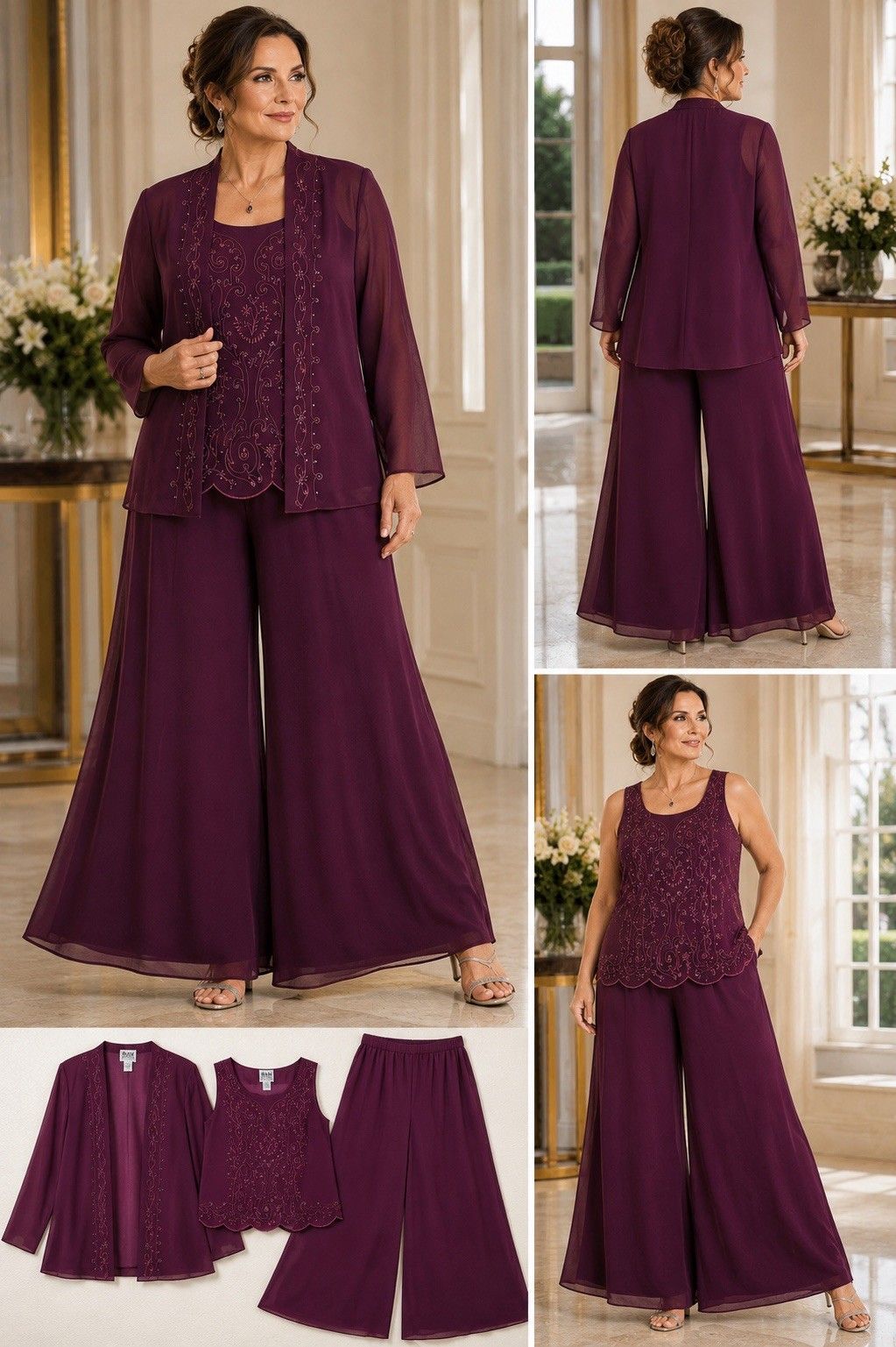 R&M Richards 3 Piece Set Women’s Size 14 Plum Beaded Embroidered Jacket Top Pant